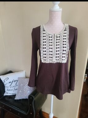 Tory Burch Brown Long-Sleeve Top with Cream Crochet Bib